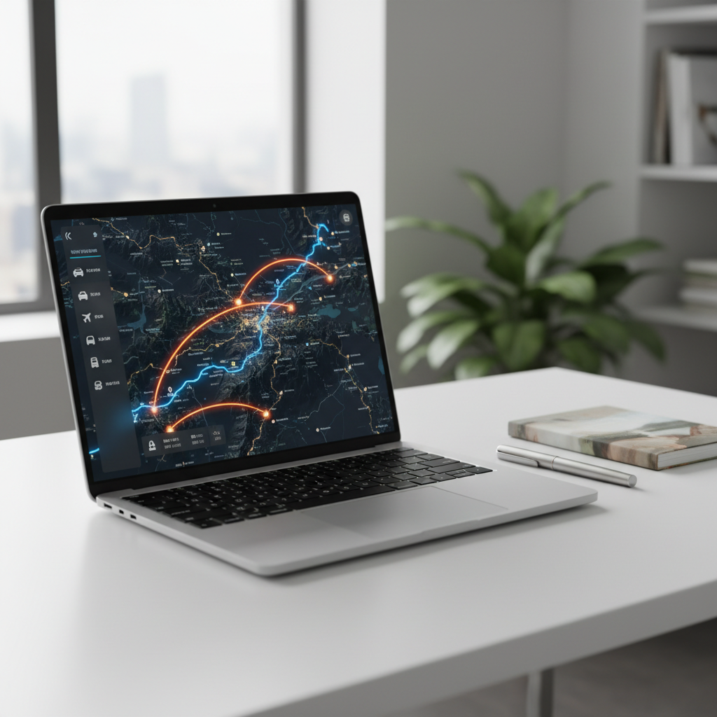 A sleek modern laptop displaying an interactive route-planning map on its screen, with winding roads and connecting flight paths traced in vivid blue and orange over a dark, detailed terrain background. The laptop rests on a minimalist white desk beside a slim metal pen and a small, closed travel guidebook. Cool, diffused daylight from a large nearby window gives the scene a crisp, professional atmosphere, with soft shadows under the laptop. Captured at eye level, slightly from the side, in photographic realism, the composition uses the rule of thirds and shallow depth of field so the map interface is in sharp focus while the background softly fades away.
