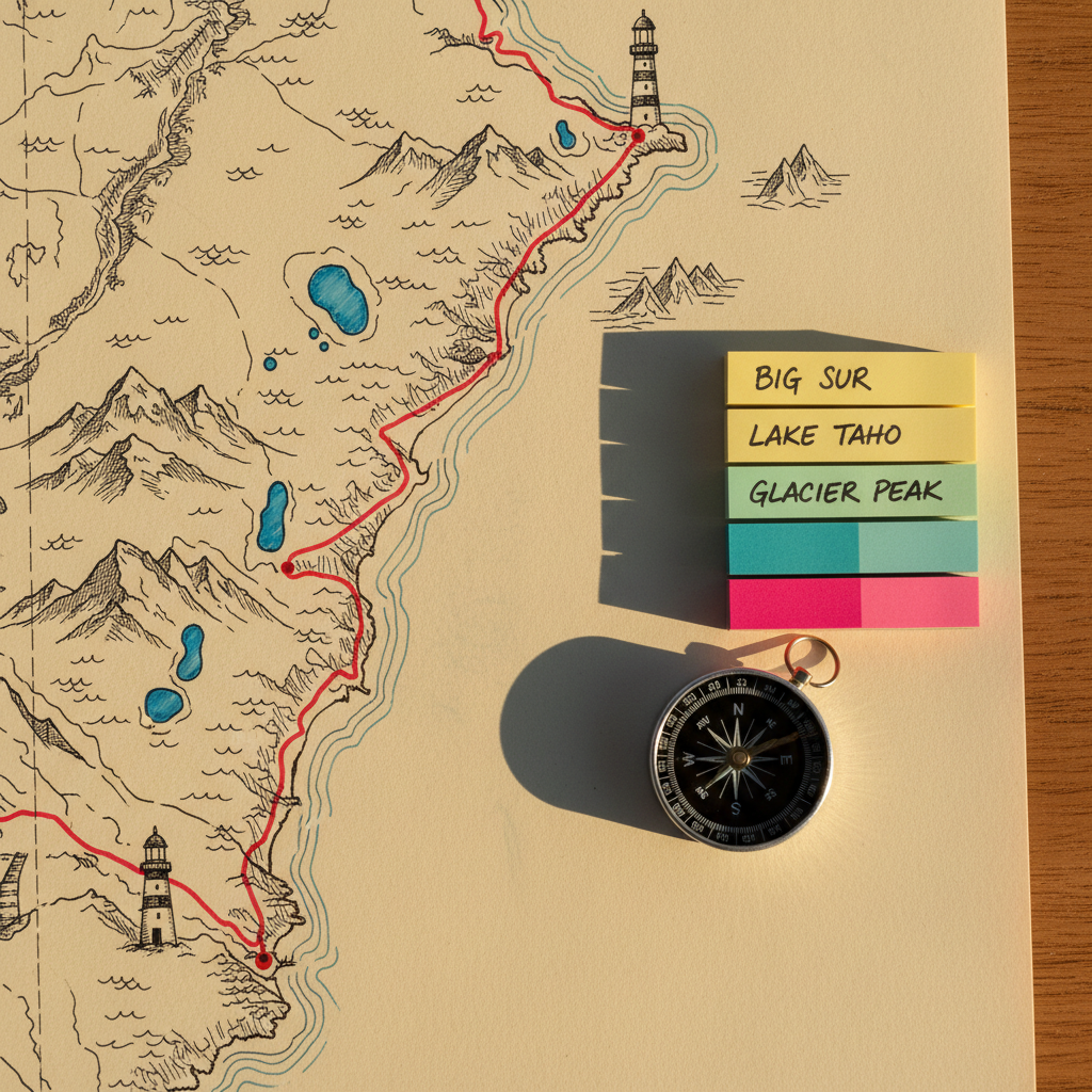 A close-up of a meticulously drawn road trip route on a high-quality paper map, with a fine-tip red marker line following curving coastal roads, passing lakes and mountain icons. Next to the map lies a small silver compass and a neatly organized stack of color-coded sticky notes marking key stops. Warm golden hour light from the right illuminates the paper’s subtle texture and creates soft, directional shadows, enhancing legibility. Photographic realism from a top-down, bird’s-eye view composition emphasizes clarity and structure, creating a calm, organized mood that communicates careful, professional route planning for a memorable journey.