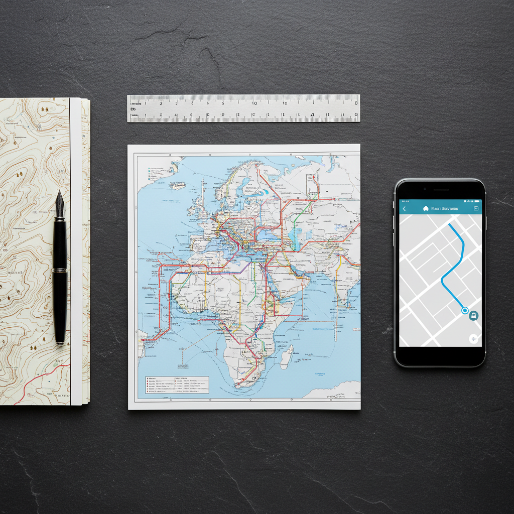 An elegant flat lay of multiple route-planning tools arranged on a dark slate surface: a detailed rail network map with colored lines intersecting, a folded hiking trail map with contour lines, and a sleek smartphone displaying a minimalist navigation app with a highlighted route. A slim stainless-steel ruler and a black fountain pen rest precisely aligned along the edges of the maps. Soft, even studio lighting reduces glare and maintains a professional, neutral tone. Photographic realism with sharp focus, shot directly from above to emphasize geometry and structure, creating an organized, expert atmosphere perfectly suited to a travel route planning brand.