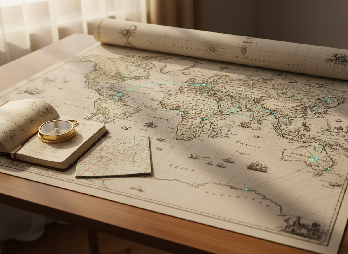 A large, detailed world map spread across a clean wooden desk, with major travel routes highlighted in bright turquoise lines connecting iconic coastlines, mountain ranges, and historic cities. Small metal compass, open leather-bound notebook, and a neatly folded city map lie nearby, all carefully arranged. Soft morning daylight enters from the left, creating gentle reflections on the map’s glossy surface and subtle shadows behind each object. Photographic realism with a professional, clean aesthetic. Shot from a slightly elevated angle with sharp focus throughout, evoking the feeling of planning a perfect trip route with clarity and precision.