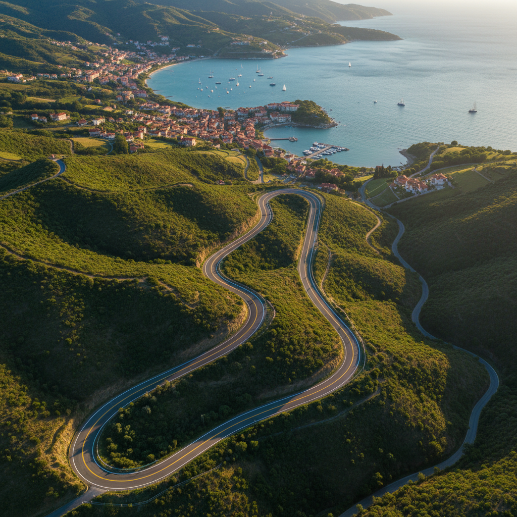 A serene coastal travel route represented by a long, winding road cutting through green hills and leading toward a distant, sunlit bay, all viewed from above as if seen on a detailed satellite map. Painted lane markings, clustered rooftops of small towns, and tidy harbor piers are clearly visible, giving the image cartographic clarity. Late afternoon sunlight casts long, gentle shadows from hills and buildings, adding depth and realism. Photographic style with high-resolution detail and balanced, natural colors. The composition uses sweeping diagonals to guide the eye along the route, creating a peaceful yet purposeful mood of exploring scenic journeys with professional planning.